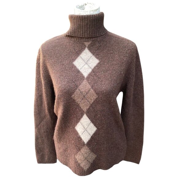 Deane & White Lambswool Argyle Turtleneck Sweater Brown Size L Cabincore - Picture 3 of 11